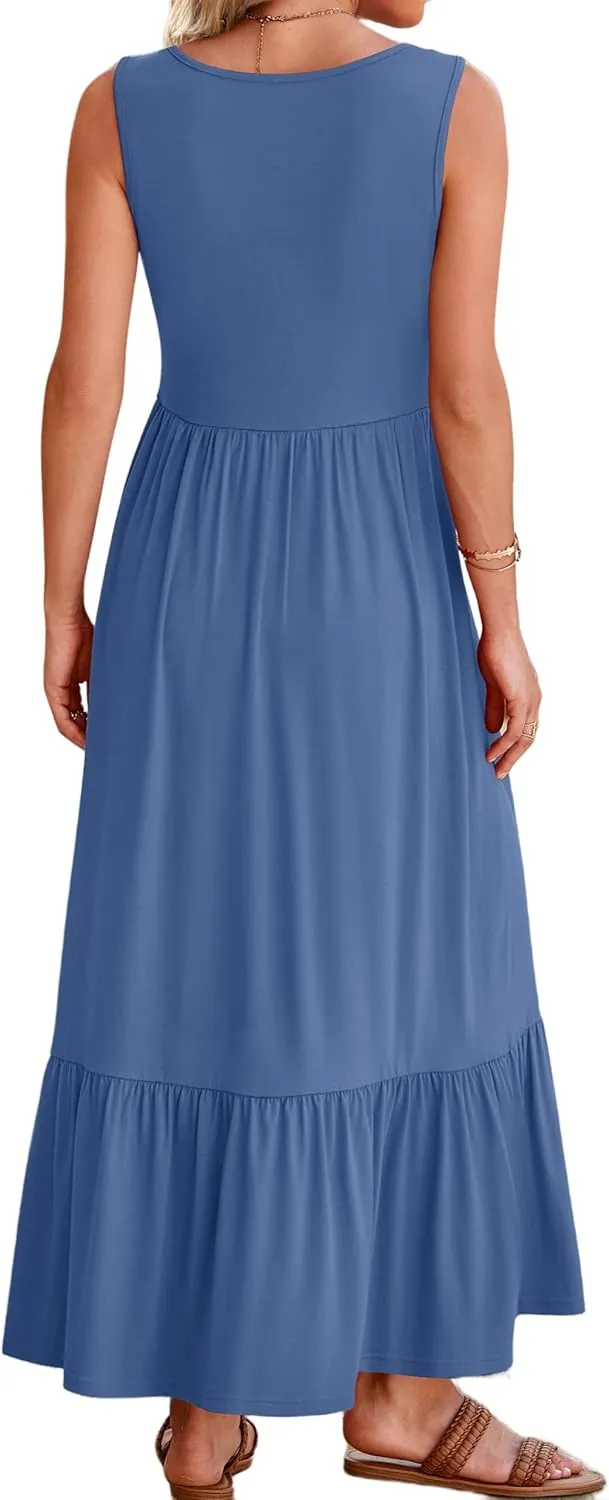Women's Summer Sleeveless Dress Maxi Beach Vacation Dresses Casual Flowy Tired Sundress Square Neck Tank Top