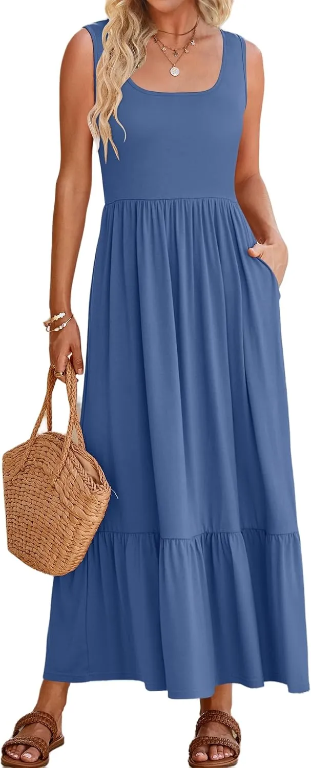 Women's Summer Sleeveless Dress Maxi Beach Vacation Dresses Casual Flowy Tired Sundress Square Neck Tank Top