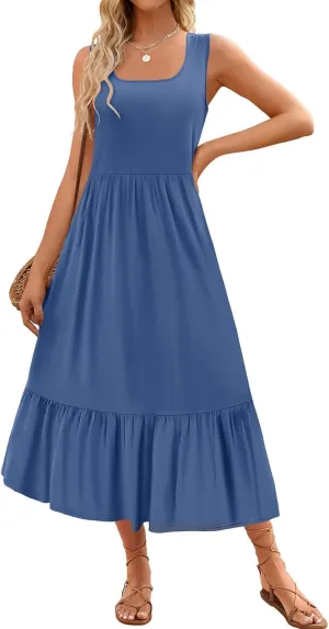 Women's Summer Sleeveless Dress Maxi Beach Vacation Dresses Casual Flowy Tired Sundress Square Neck Tank Top