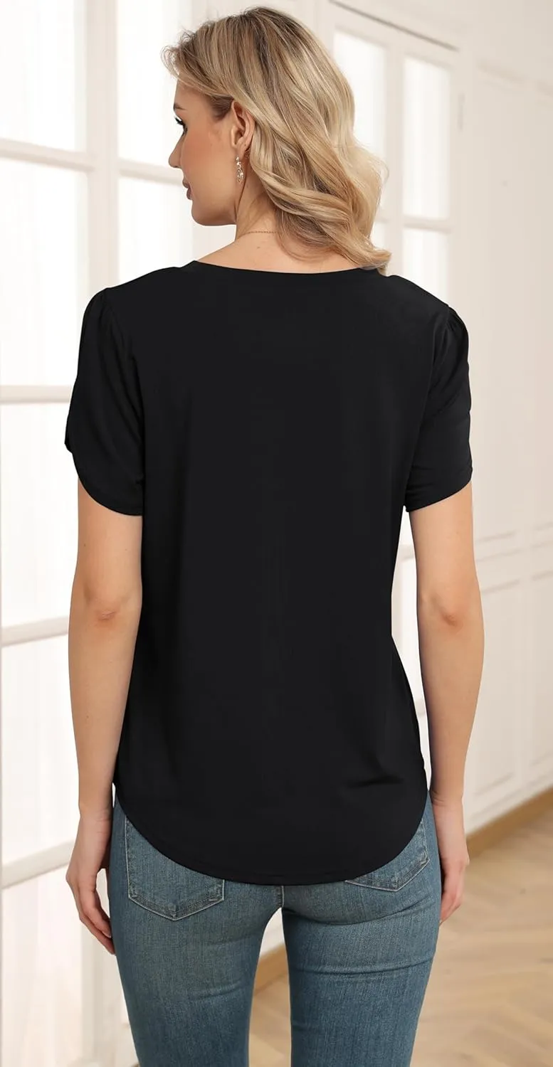 Women's Tops Casual Short Sleeve Round Neck T-Shirts Petal Sleeve Loose Tunic Blouse Tops