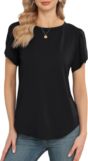 Women's Tops Casual Short Sleeve Round Neck T-Shirts Petal Sleeve Loose Tunic Blouse Tops
