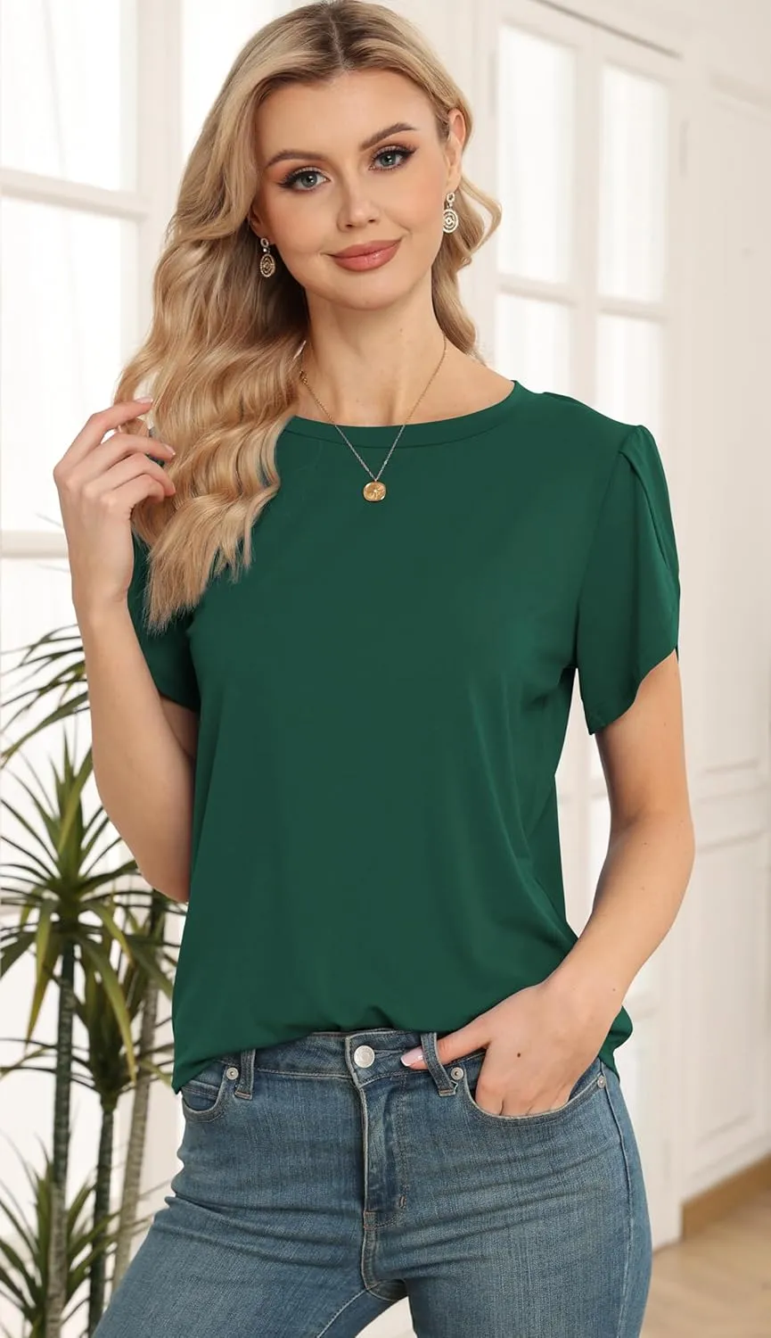 Women's Tops Casual Short Sleeve Round Neck T-Shirts Petal Sleeve Loose Tunic Blouse Tops