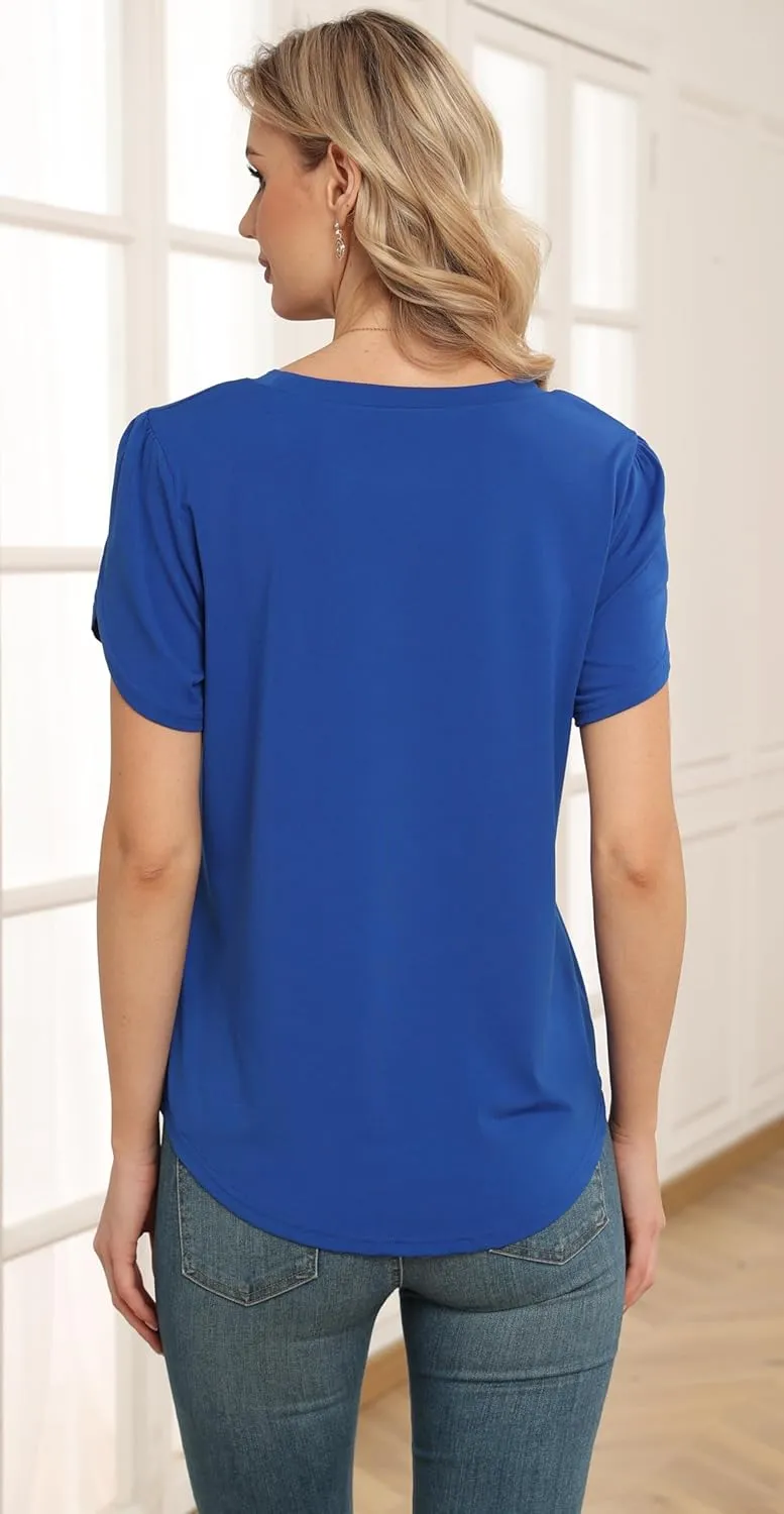 Women's Tops Casual Short Sleeve Round Neck T-Shirts Petal Sleeve Loose Tunic Blouse Tops