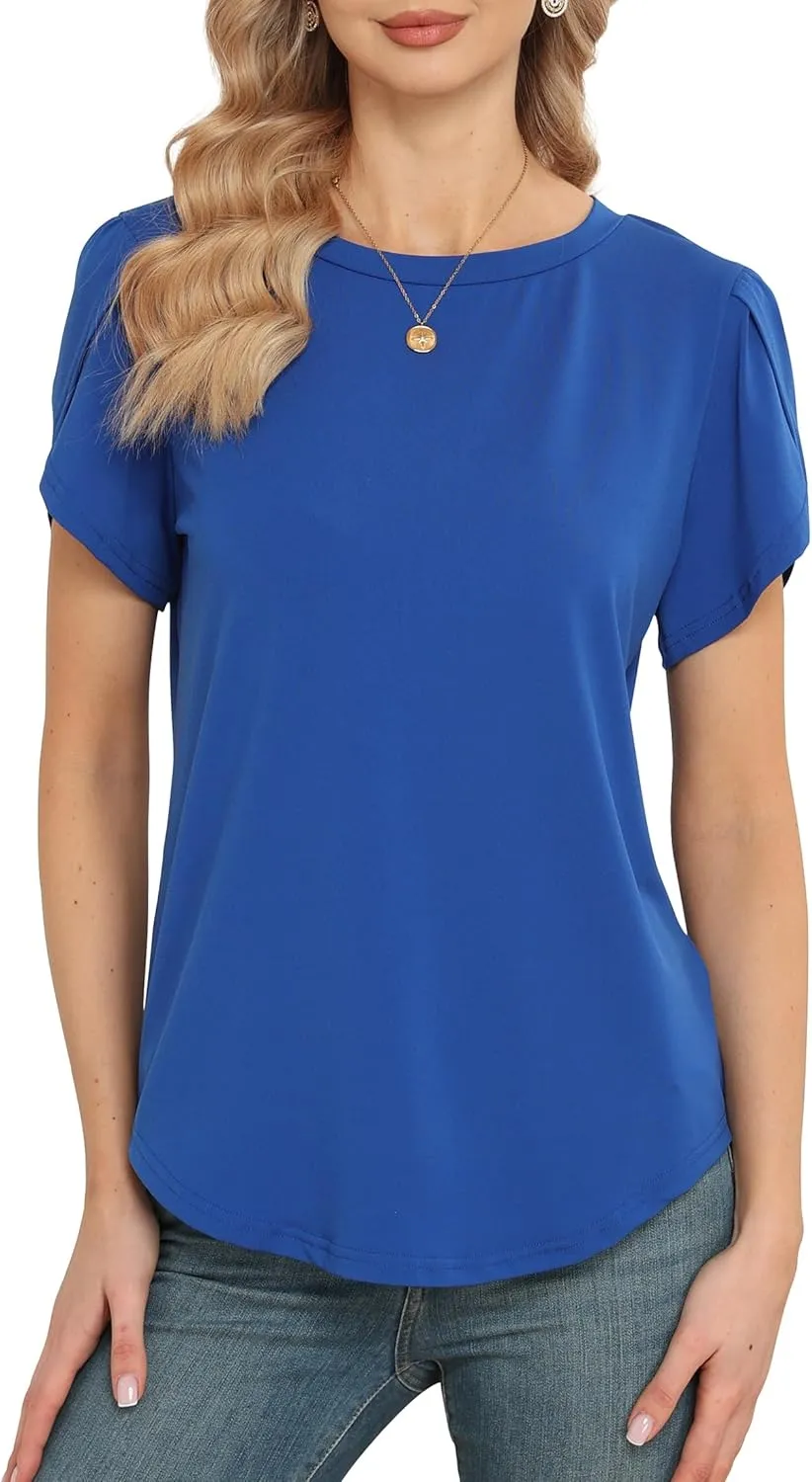 Women's Tops Casual Short Sleeve Round Neck T-Shirts Petal Sleeve Loose Tunic Blouse Tops