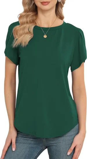 Women's Tops Casual Short Sleeve Round Neck T-Shirts Petal Sleeve Loose Tunic Blouse Tops