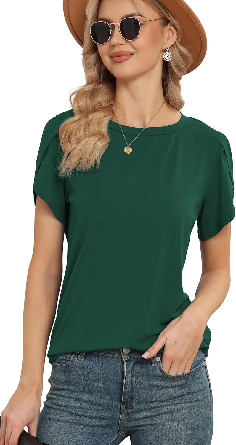 Women's Tops Casual Short Sleeve Round Neck T-Shirts Petal Sleeve Loose Tunic Blouse Tops