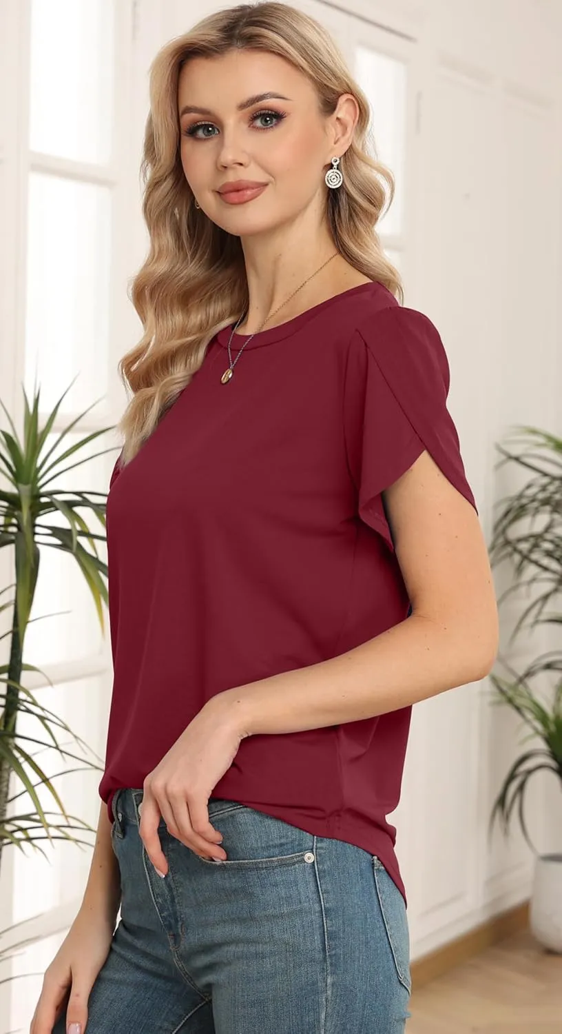 Women's Tops Casual Short Sleeve Round Neck T-Shirts Petal Sleeve Loose Tunic Blouse Tops