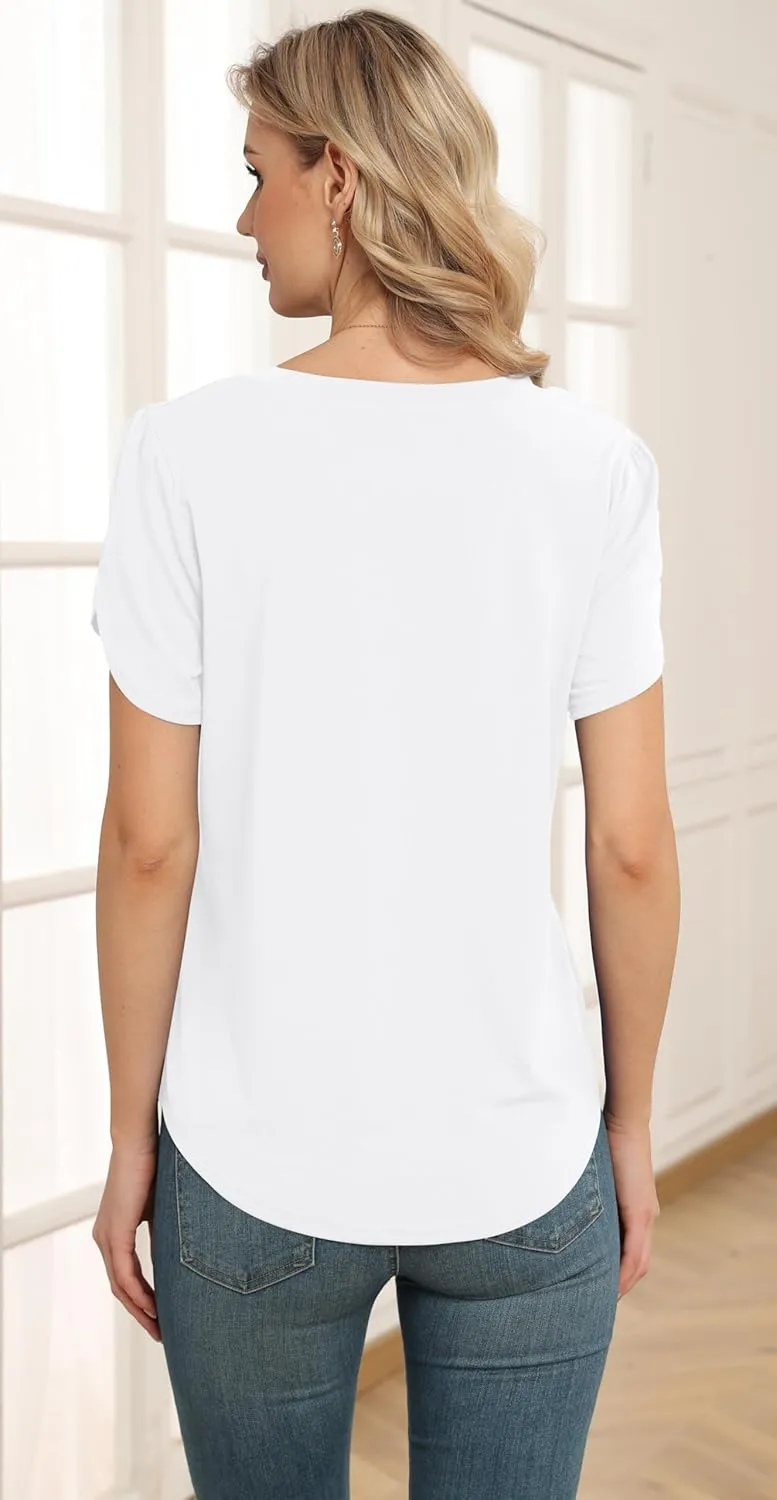 Women's Tops Casual Short Sleeve Round Neck T-Shirts Petal Sleeve Loose Tunic Blouse Tops