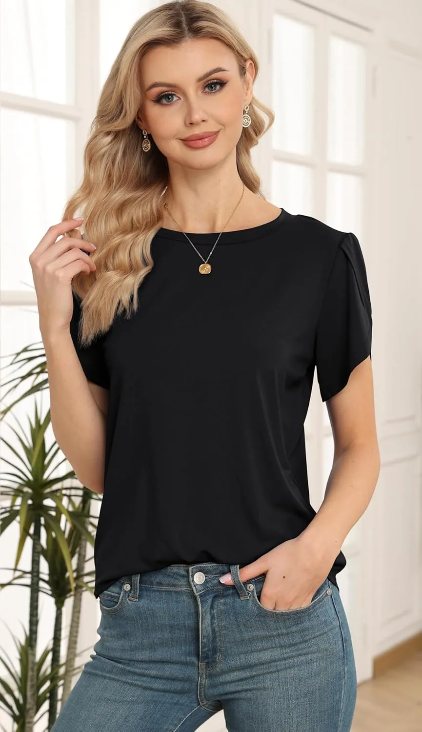Women's Tops Casual Short Sleeve Round Neck T-Shirts Petal Sleeve Loose Tunic Blouse Tops