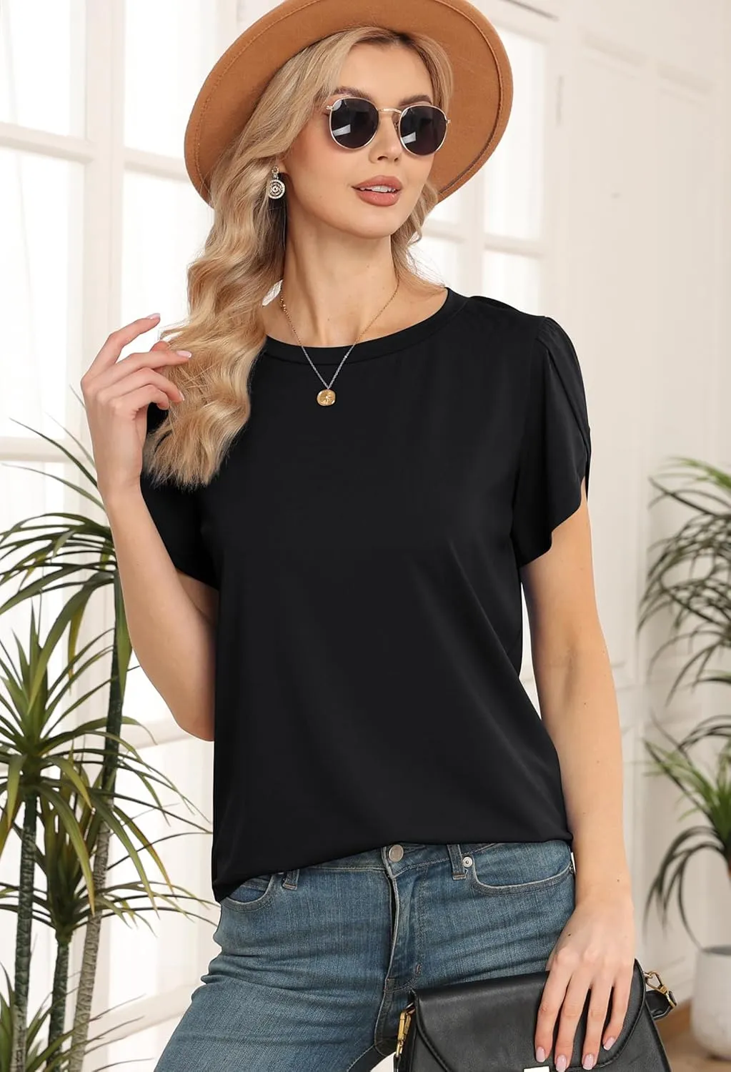 Women's Tops Casual Short Sleeve Round Neck T-Shirts Petal Sleeve Loose Tunic Blouse Tops
