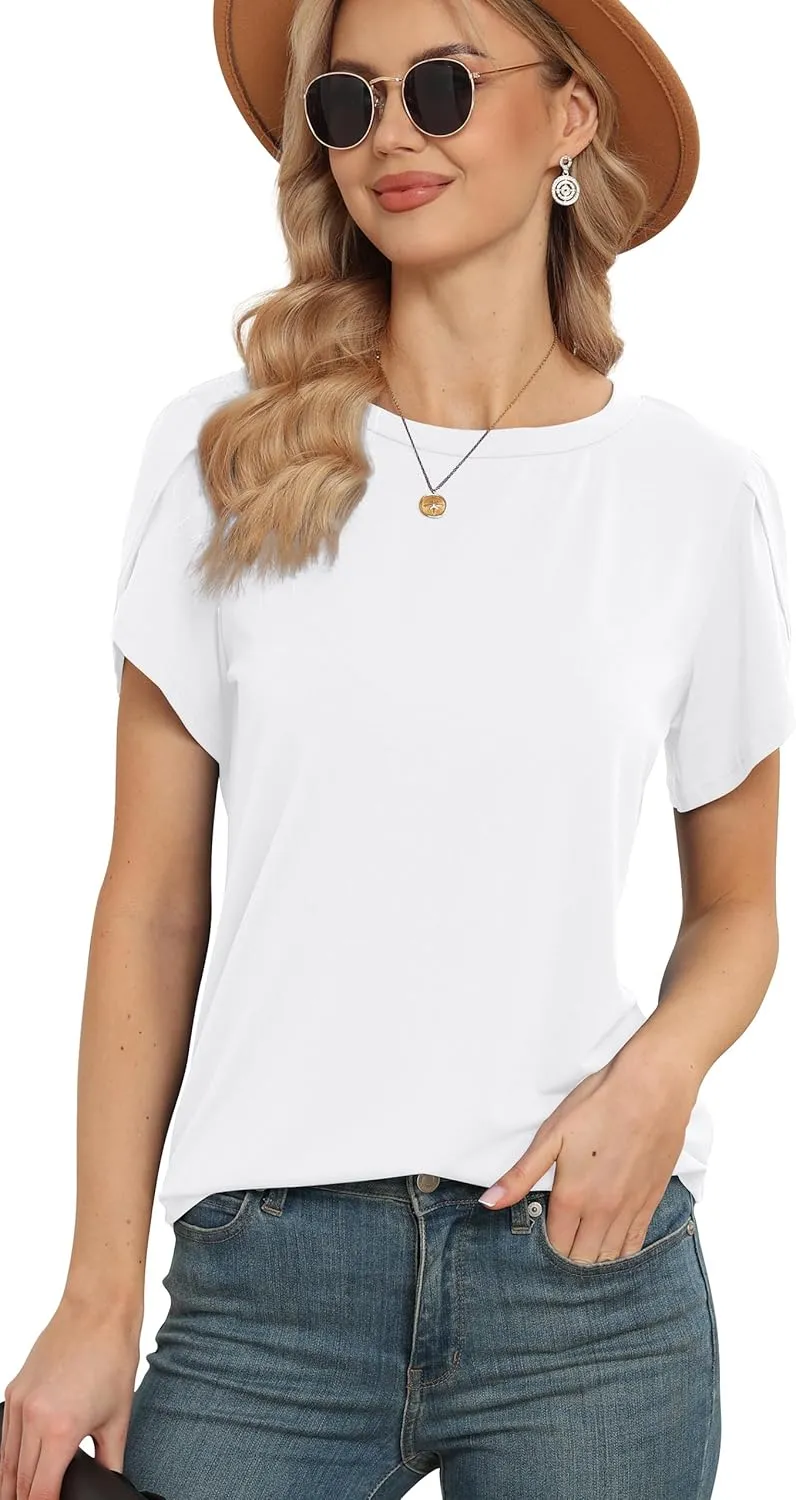 Women's Tops Casual Short Sleeve Round Neck T-Shirts Petal Sleeve Loose Tunic Blouse Tops