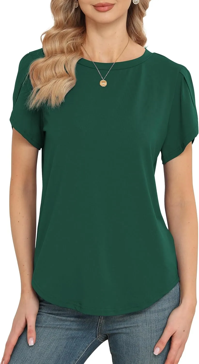 Women's Tops Casual Short Sleeve Round Neck T-Shirts Petal Sleeve Loose Tunic Blouse Tops