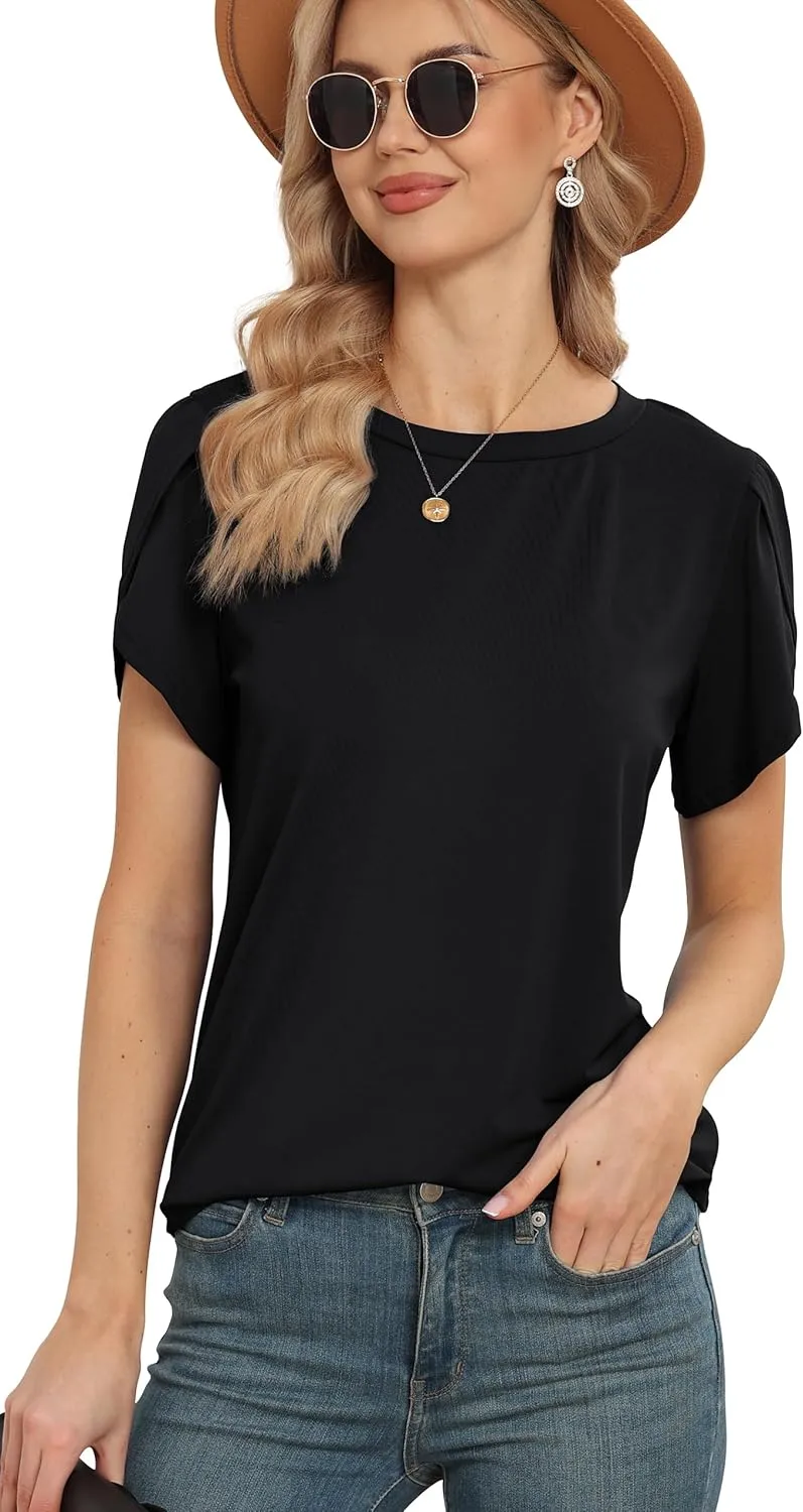 Women's Tops Casual Short Sleeve Round Neck T-Shirts Petal Sleeve Loose Tunic Blouse Tops