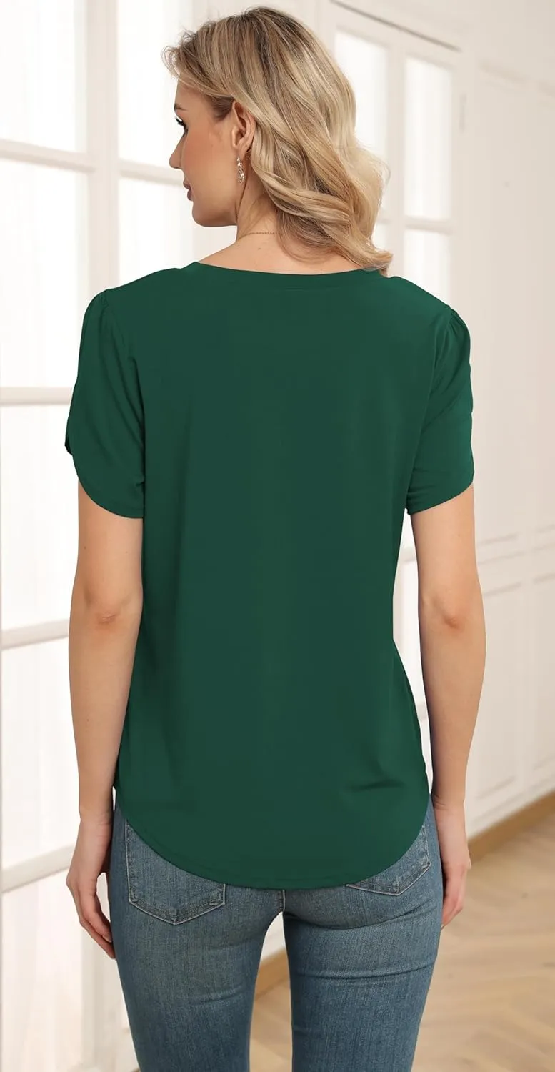 Women's Tops Casual Short Sleeve Round Neck T-Shirts Petal Sleeve Loose Tunic Blouse Tops