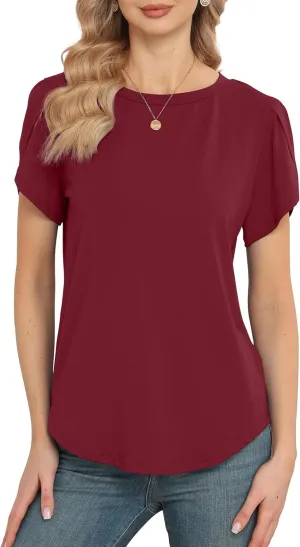 Women's Tops Casual Short Sleeve Round Neck T-Shirts Petal Sleeve Loose Tunic Blouse Tops