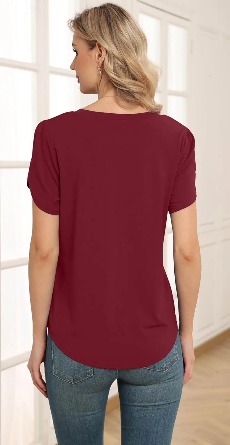 Women's Tops Casual Short Sleeve Round Neck T-Shirts Petal Sleeve Loose Tunic Blouse Tops