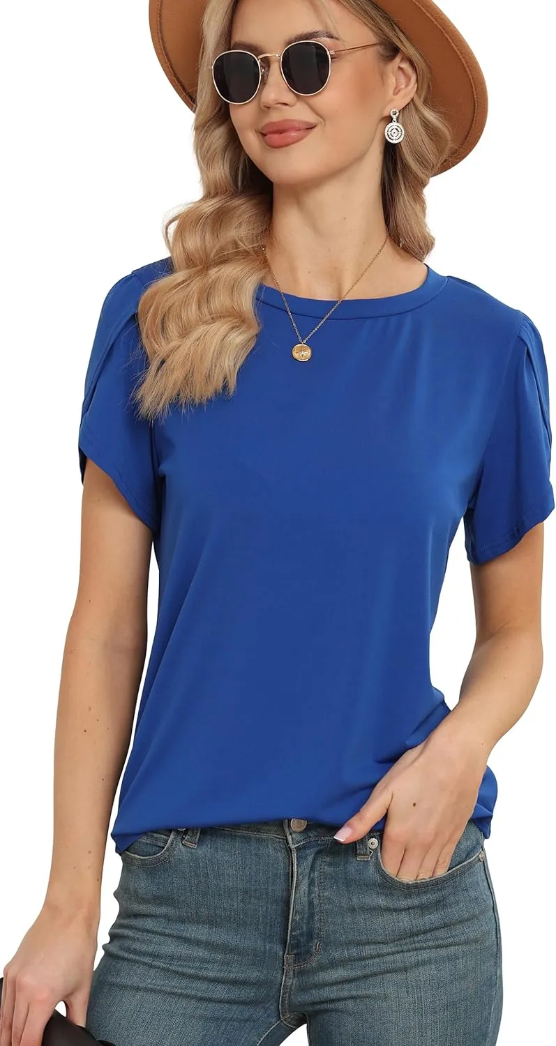 Women's Tops Casual Short Sleeve Round Neck T-Shirts Petal Sleeve Loose Tunic Blouse Tops