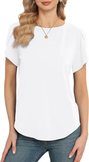 Women's Tops Casual Short Sleeve Round Neck T-Shirts Petal Sleeve Loose Tunic Blouse Tops