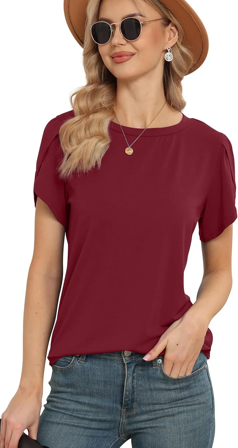 Women's Tops Casual Short Sleeve Round Neck T-Shirts Petal Sleeve Loose Tunic Blouse Tops