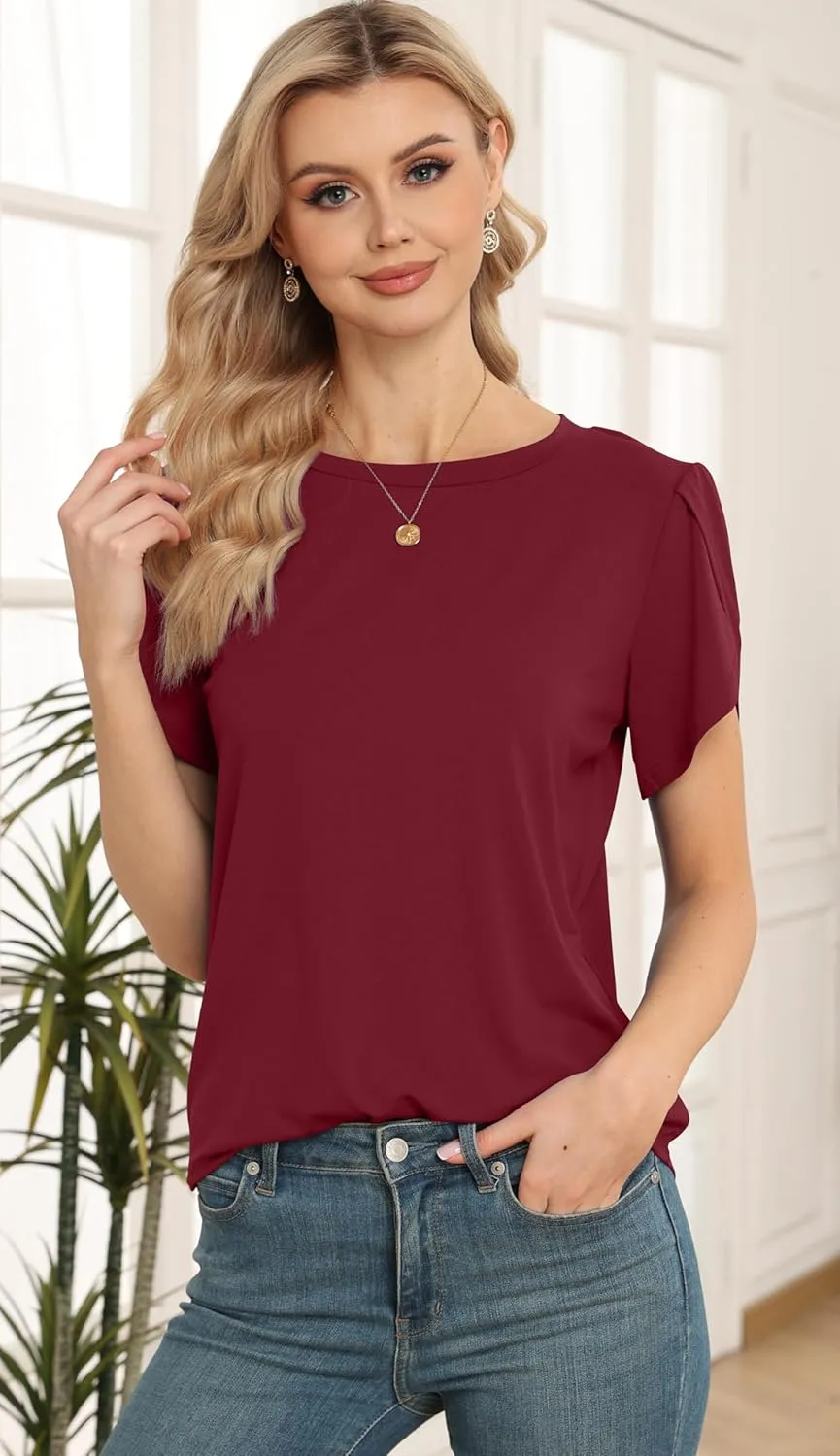Women's Tops Casual Short Sleeve Round Neck T-Shirts Petal Sleeve Loose Tunic Blouse Tops