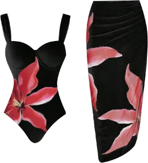 Women's Two-Piece Swimwear with Beach Cover Ups Sexy Fashion Flower Print Sexy Sports Swimsuit with Warp Skirt 2025