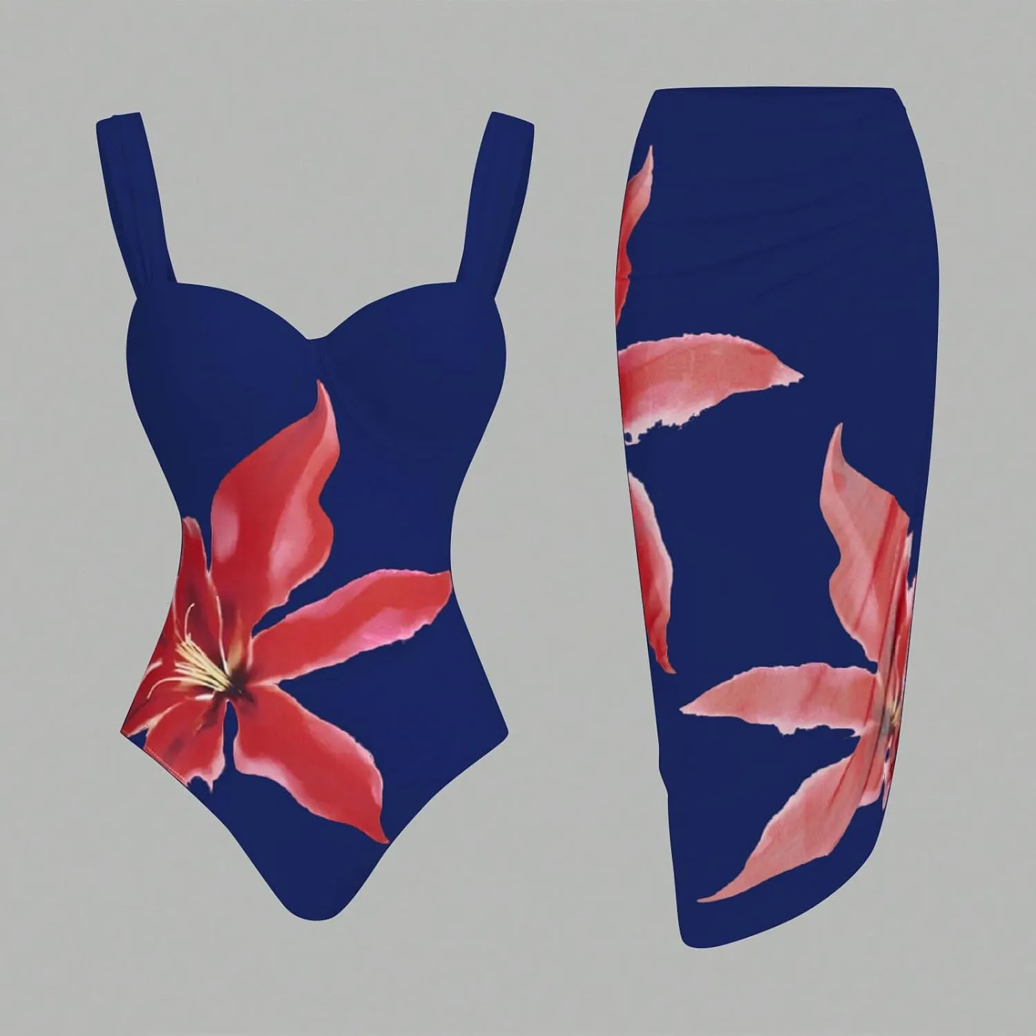 Women's Two-Piece Swimwear with Beach Cover Ups Sexy Fashion Flower Print Sexy Sports Swimsuit with Warp Skirt 2025