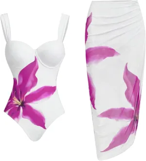 Women's Two-Piece Swimwear with Beach Cover Ups Sexy Fashion Flower Print Sexy Sports Swimsuit with Warp Skirt 2025