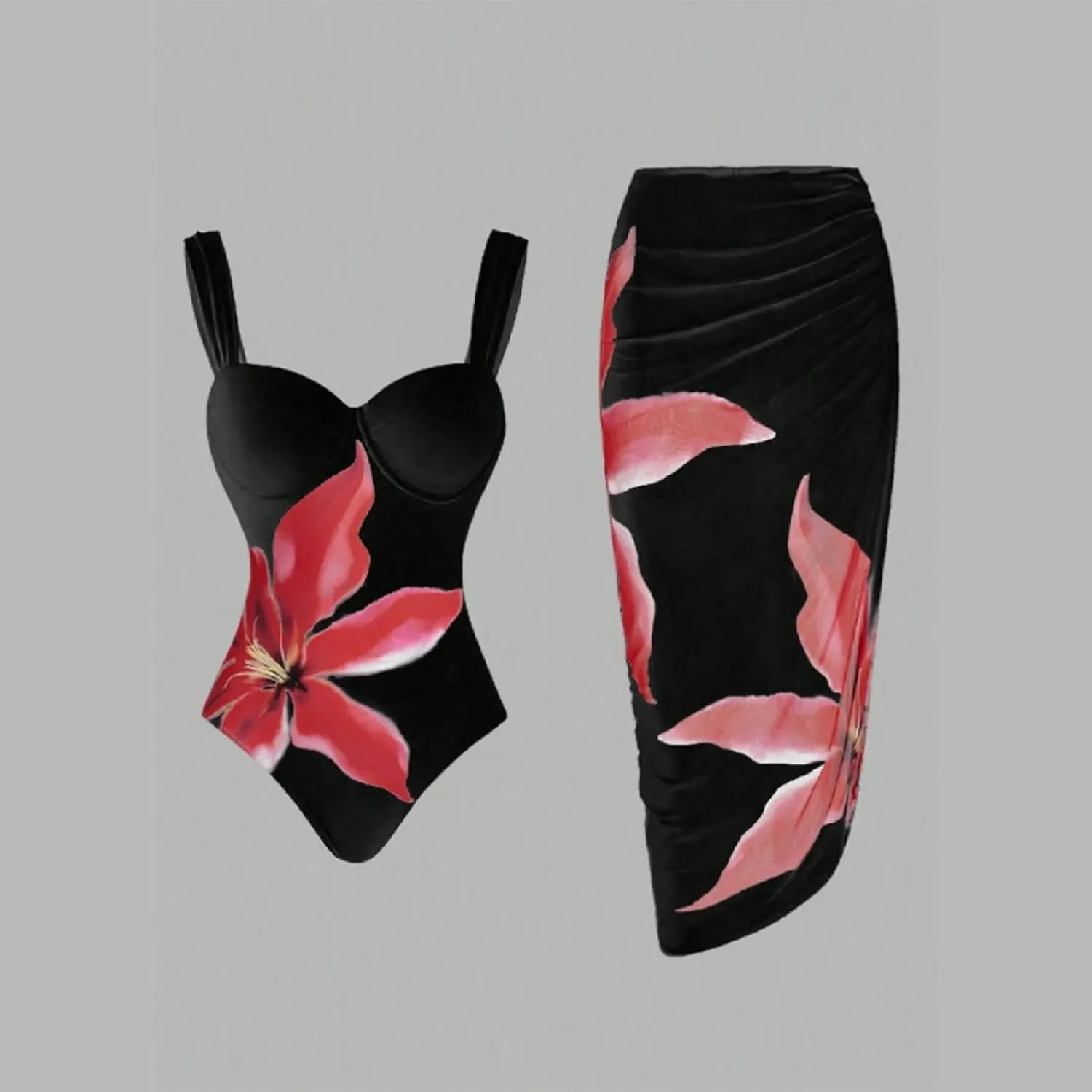 Women's Two-Piece Swimwear with Beach Cover Ups Sexy Fashion Flower Print Sexy Sports Swimsuit with Warp Skirt 2025