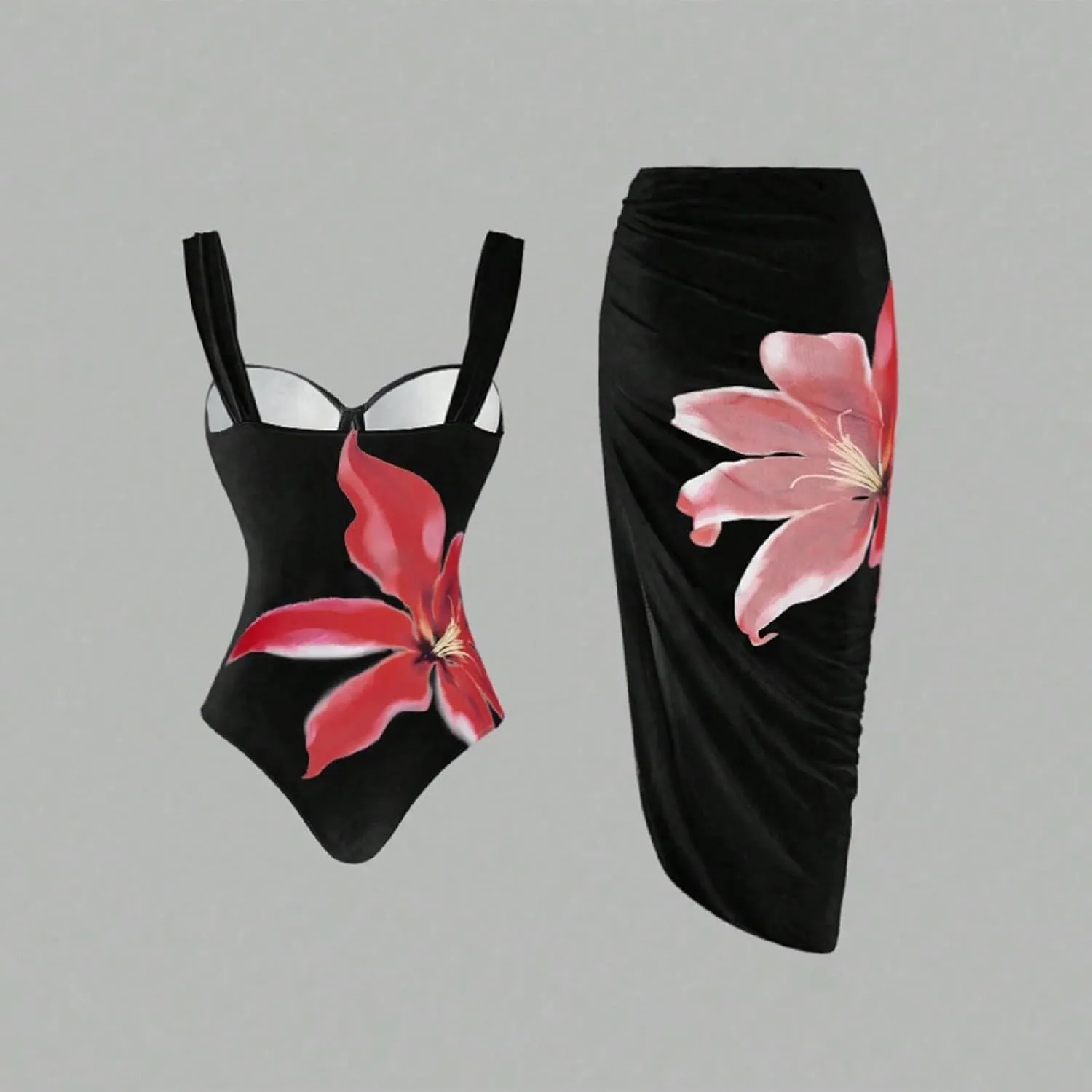 Women's Two-Piece Swimwear with Beach Cover Ups Sexy Fashion Flower Print Sexy Sports Swimsuit with Warp Skirt 2025