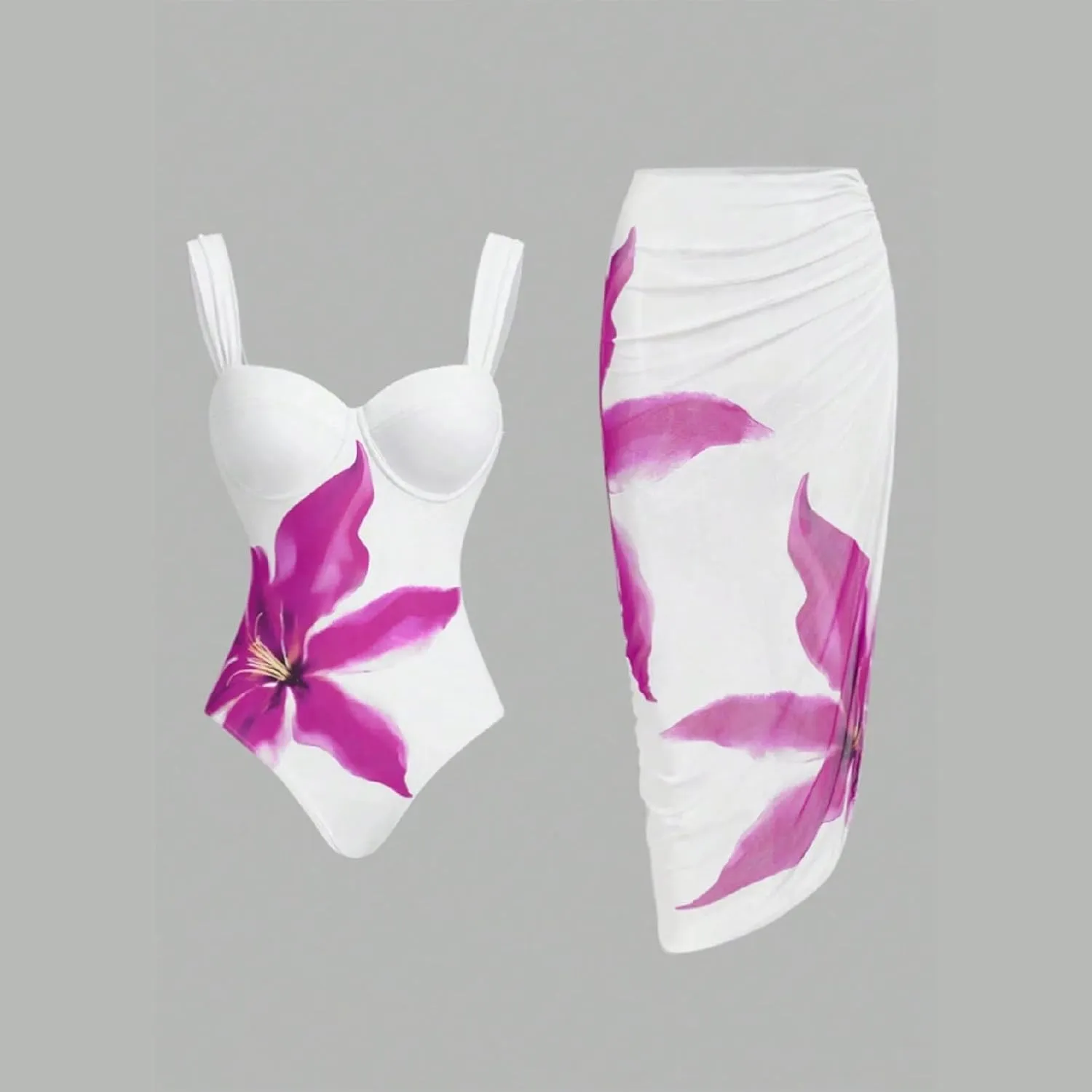 Women's Two-Piece Swimwear with Beach Cover Ups Sexy Fashion Flower Print Sexy Sports Swimsuit with Warp Skirt 2025