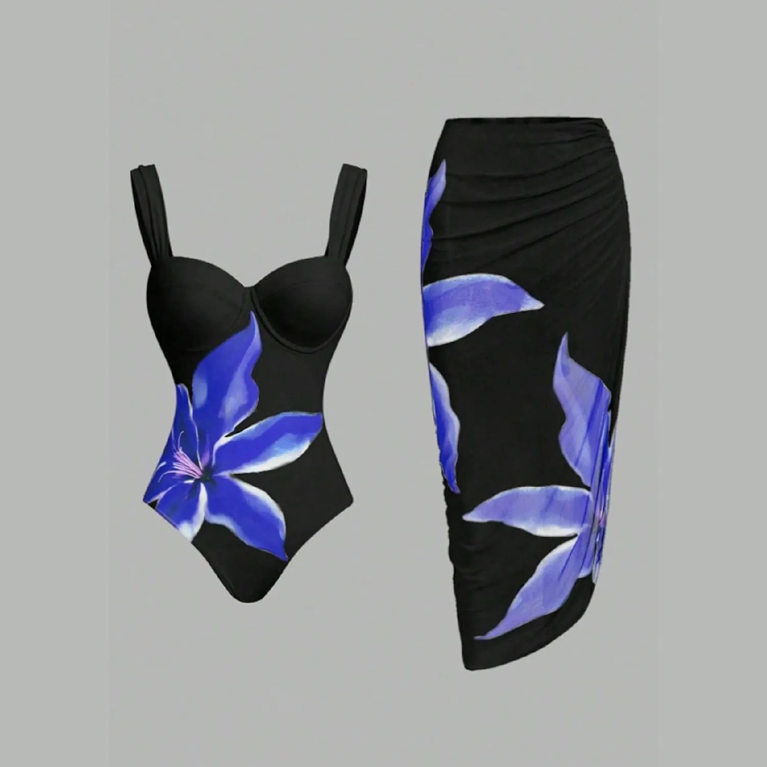 Women's Two-Piece Swimwear with Beach Cover Ups Sexy Fashion Flower Print Sexy Sports Swimsuit with Warp Skirt 2025