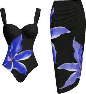 Women's Two-Piece Swimwear with Beach Cover Ups Sexy Fashion Flower Print Sexy Sports Swimsuit with Warp Skirt 2025