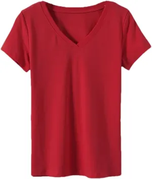 Women's V-Neck Casual Solid Color Short-Sleeved T-Shirt Cotton Slim Fit Soft Daily Bottoming Shirt