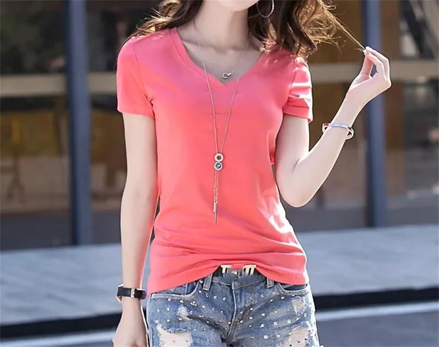 Women's V-Neck Casual Solid Color Short-Sleeved T-Shirt Cotton Slim Fit Soft Daily Bottoming Shirt