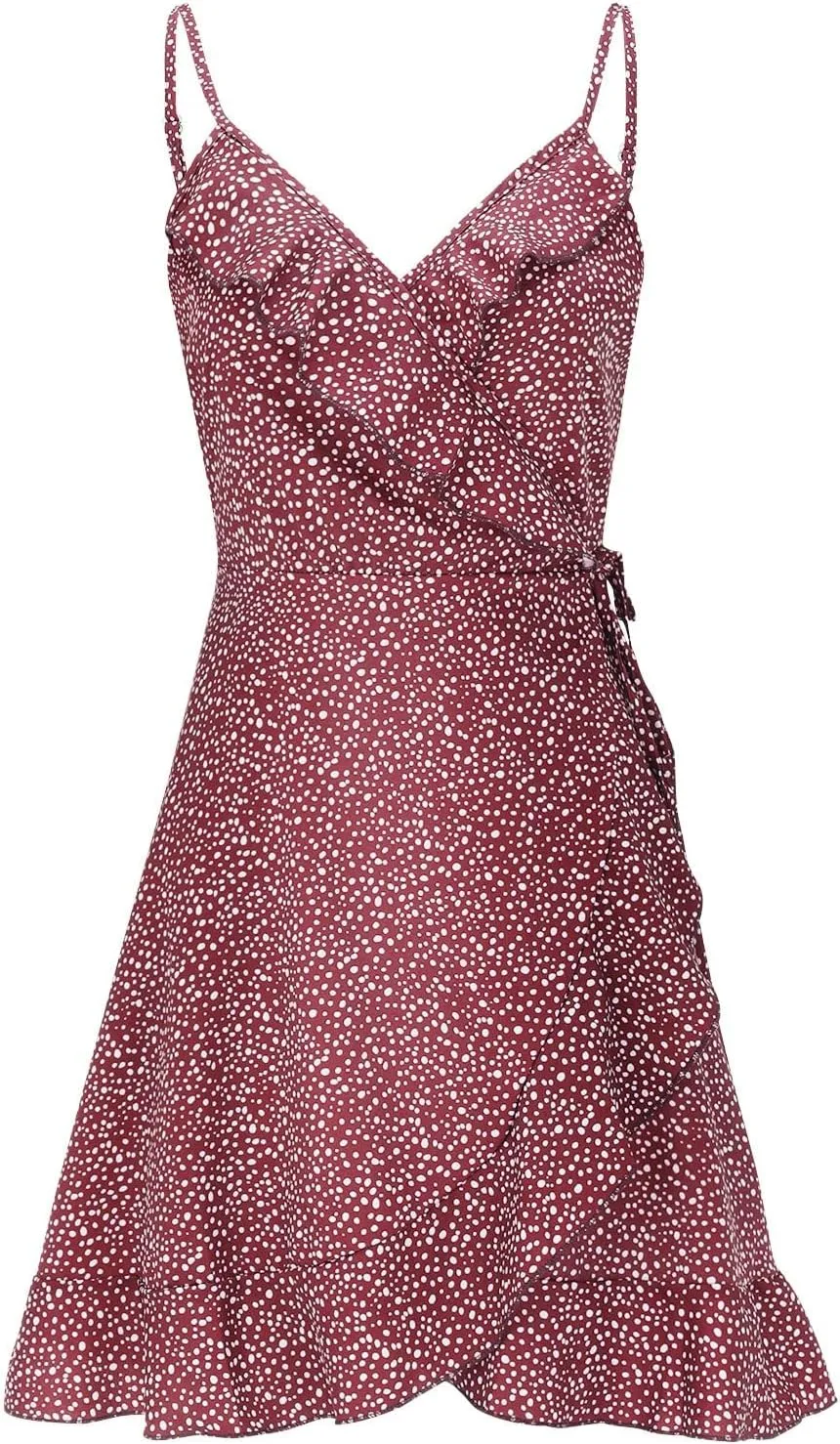 Womens V Neck Ruffle Mini Dress Spaghetti Strap Floral Print Swing Casual Sundress 2024 Summer Flowy Beach Traveling Dresses