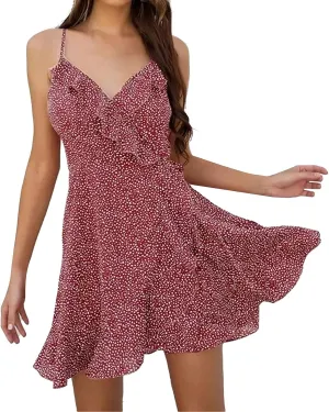 Womens V Neck Ruffle Mini Dress Spaghetti Strap Floral Print Swing Casual Sundress 2024 Summer Flowy Beach Traveling Dresses