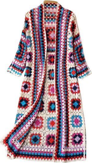Womens Vintage Crochet Floral Knit Cardigan Jumper Long Sleeve Open Front Long Cardigan Sweater Knitwear