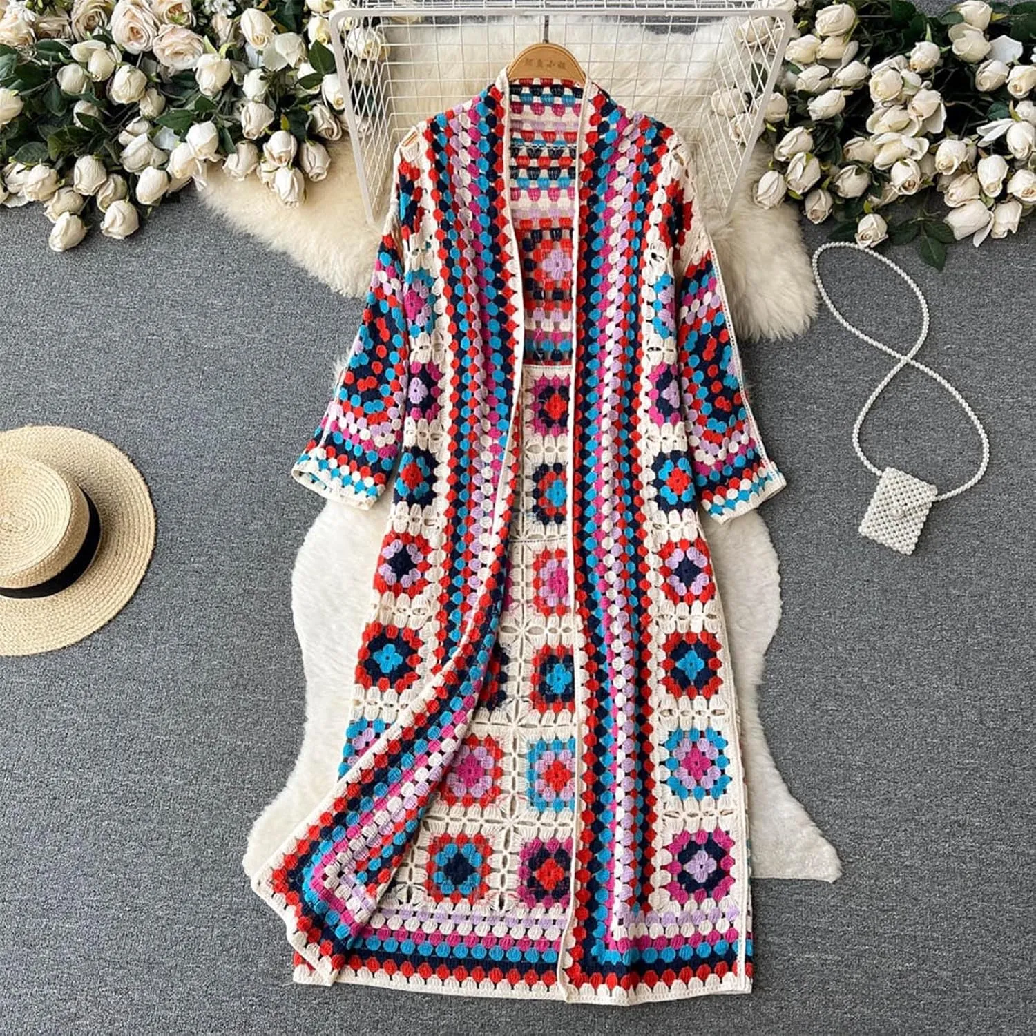 Womens Vintage Crochet Floral Knit Cardigan Jumper Long Sleeve Open Front Long Cardigan Sweater Knitwear