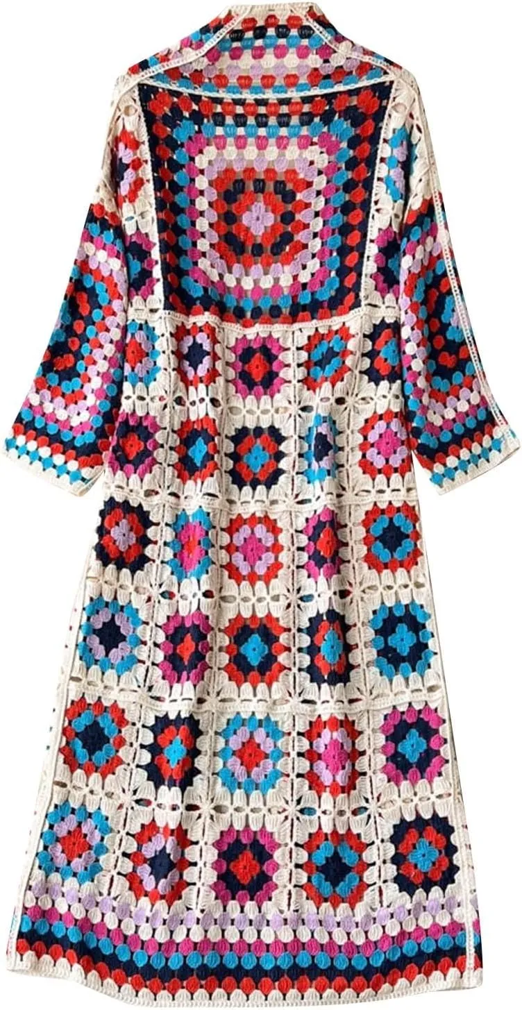 Womens Vintage Crochet Floral Knit Cardigan Jumper Long Sleeve Open Front Long Cardigan Sweater Knitwear