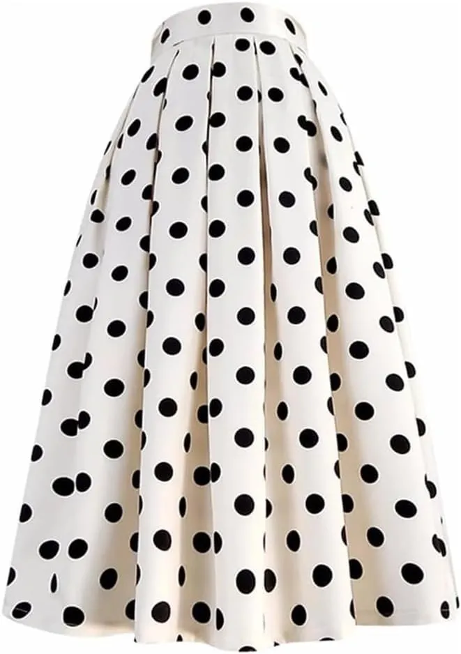Women's Vintage High Waist Polka Dot Midi Skirt Long Pleated Skirt with Pockets