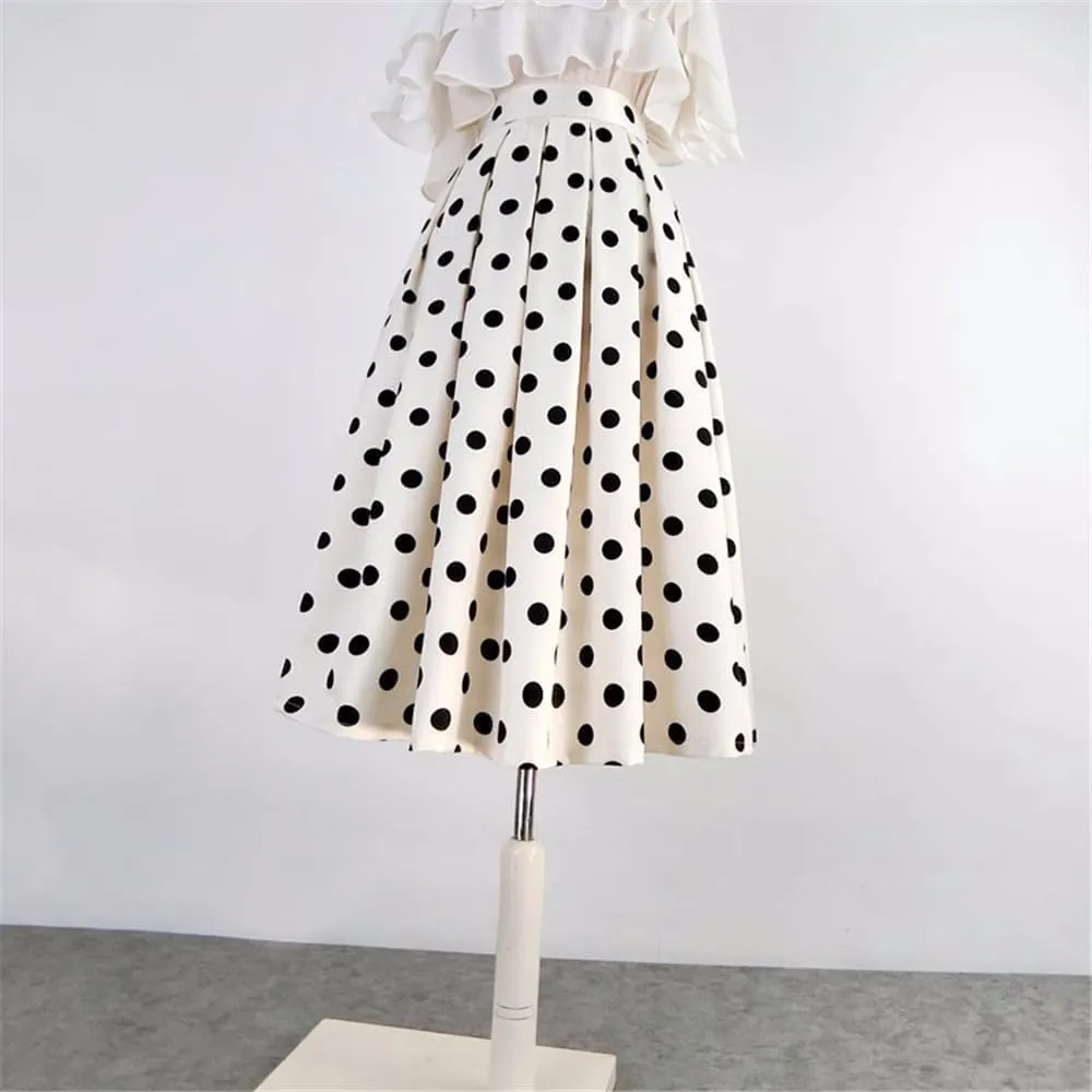 Women's Vintage High Waist Polka Dot Midi Skirt Long Pleated Skirt with Pockets