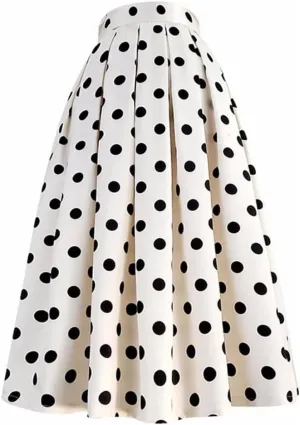 Women's Vintage High Waist Polka Dot Midi Skirt Long Pleated Skirt with Pockets
