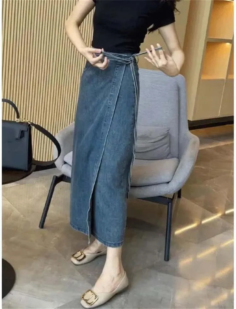Women's Vintage Waist-Fitted Denim Skirt Half-Length Long Jean Skirts with Side Slot