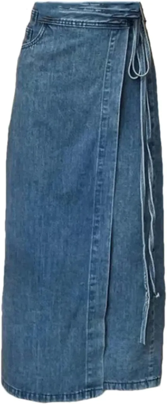 Women's Vintage Waist-Fitted Denim Skirt Half-Length Long Jean Skirts with Side Slot