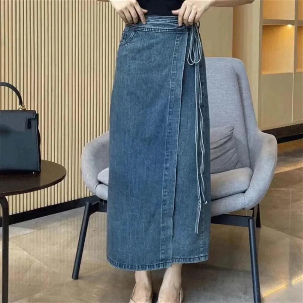 Women's Vintage Waist-Fitted Denim Skirt Half-Length Long Jean Skirts with Side Slot
