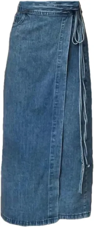 Women's Vintage Waist-Fitted Denim Skirt Half-Length Long Jean Skirts with Side Slot