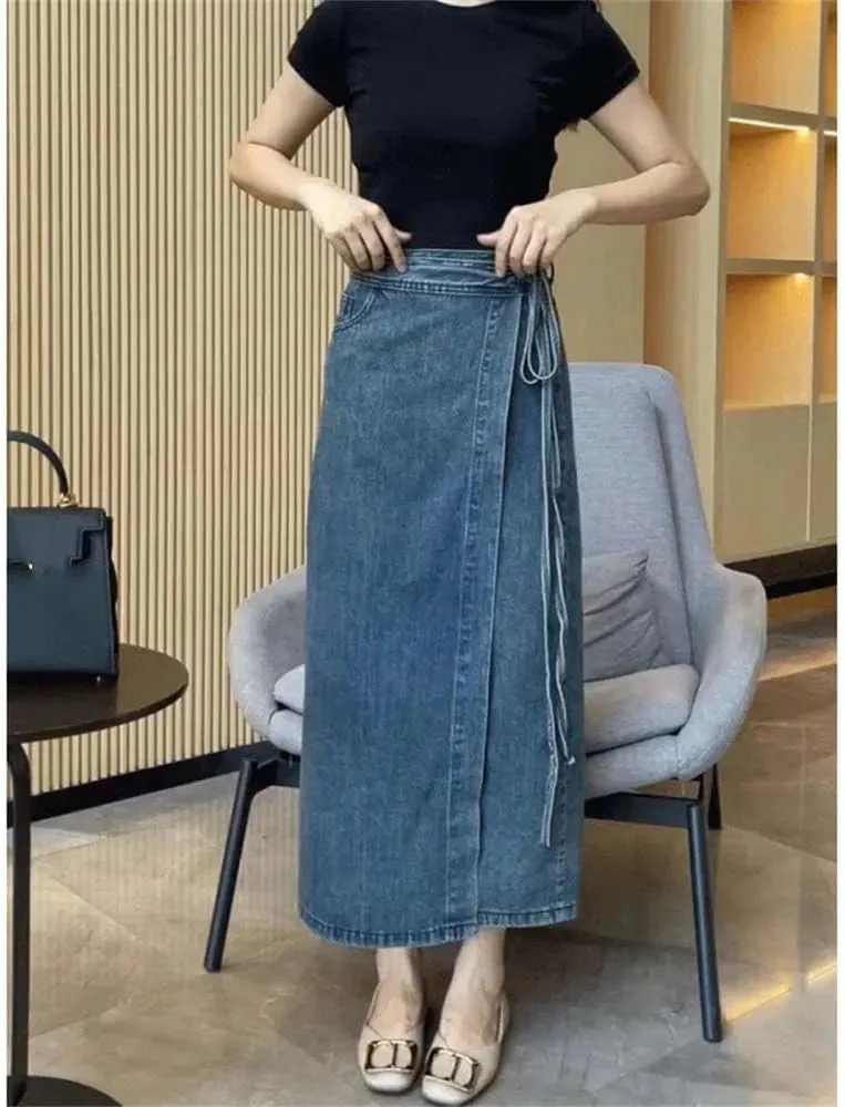 Women's Vintage Waist-Fitted Denim Skirt Half-Length Long Jean Skirts with Side Slot