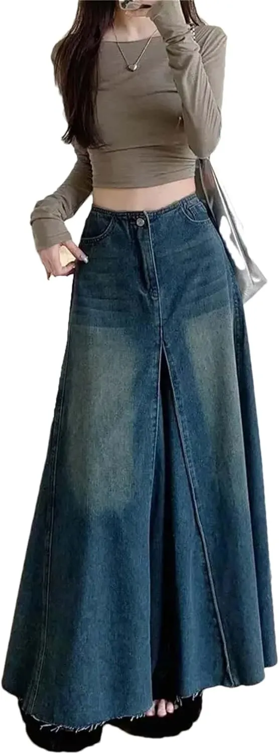 Women's Vintage Washing Denim Skirt High-Waisted Slimming A- Line Long Dress Patchwork Skirts