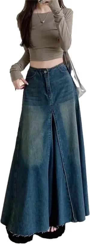 Women's Vintage Washing Denim Skirt High-Waisted Slimming A- Line Long Dress Patchwork Skirts