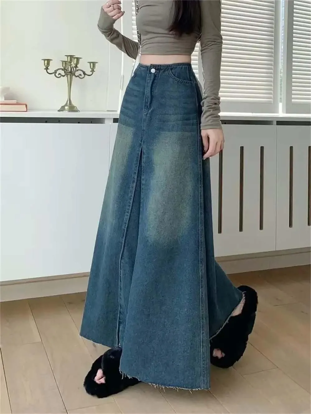 Women's Vintage Washing Denim Skirt High-Waisted Slimming A- Line Long Dress Patchwork Skirts